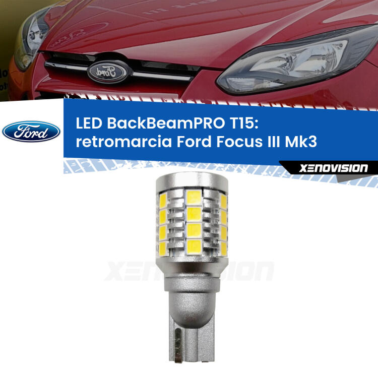 <strong>Luce retromarcia LED per Ford Focus</strong> Mk3 2011 - 2014. Una lampadina <b>T15</b> esageratamente spinta: 15W di potenza, 20 volte più luce delle originali.