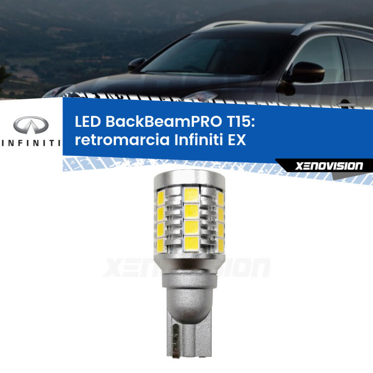 <strong>Luce retromarcia LED per Infiniti EX</strong>  2008 in poi. Una lampadina <b>T15</b> esageratamente spinta: 15W di potenza, 20 volte più luce delle originali.