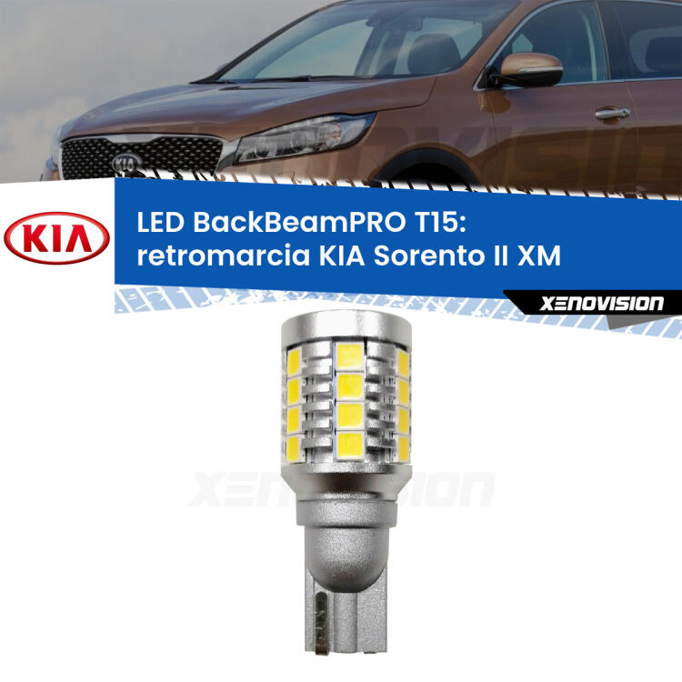 <strong>Luce retromarcia LED per KIA Sorento II</strong> XM 2009 - 2014. Una lampadina <b>T15</b> esageratamente spinta: 15W di potenza, 20 volte più luce delle originali.