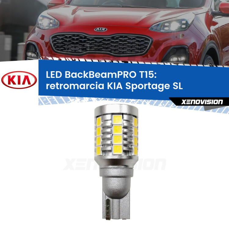 <strong>Luce retromarcia LED per KIA Sportage</strong> SL 2010 - 2014. Una lampadina <b>T15</b> esageratamente spinta: 15W di potenza, 20 volte più luce delle originali.