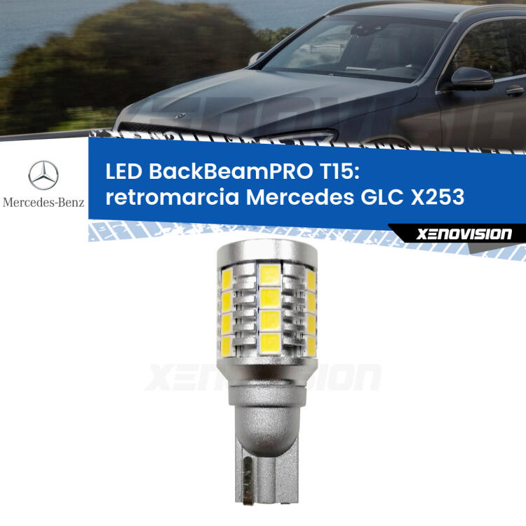 <strong>Luce retromarcia LED per Mercedes GLC</strong> X253 2015 - 2019. Una lampadina <b>T15</b> esageratamente spinta: 15W di potenza, 20 volte più luce delle originali.