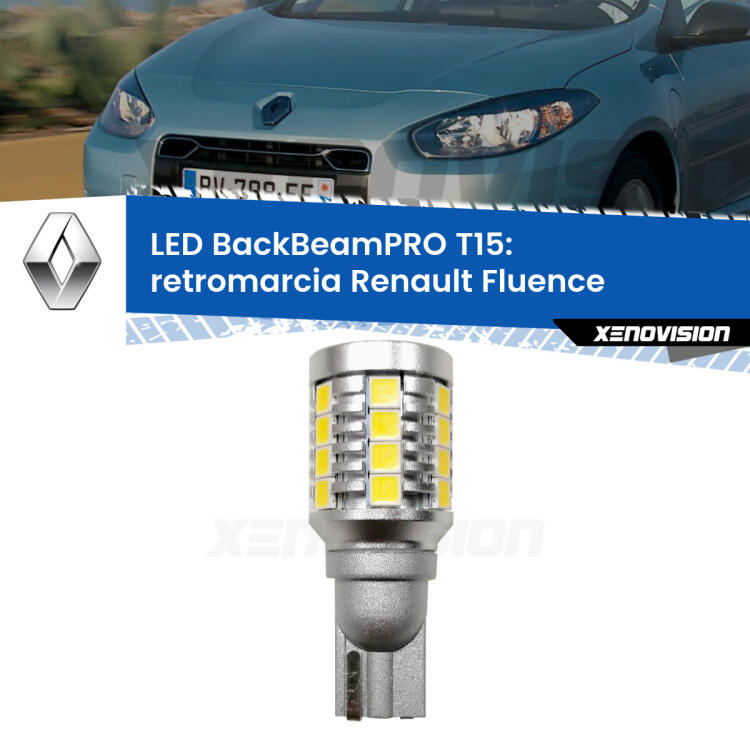 <strong>Luce retromarcia LED per Renault Fluence</strong>  2010 - 2015. Una lampadina <b>T15</b> esageratamente spinta: 15W di potenza, 20 volte più luce delle originali.