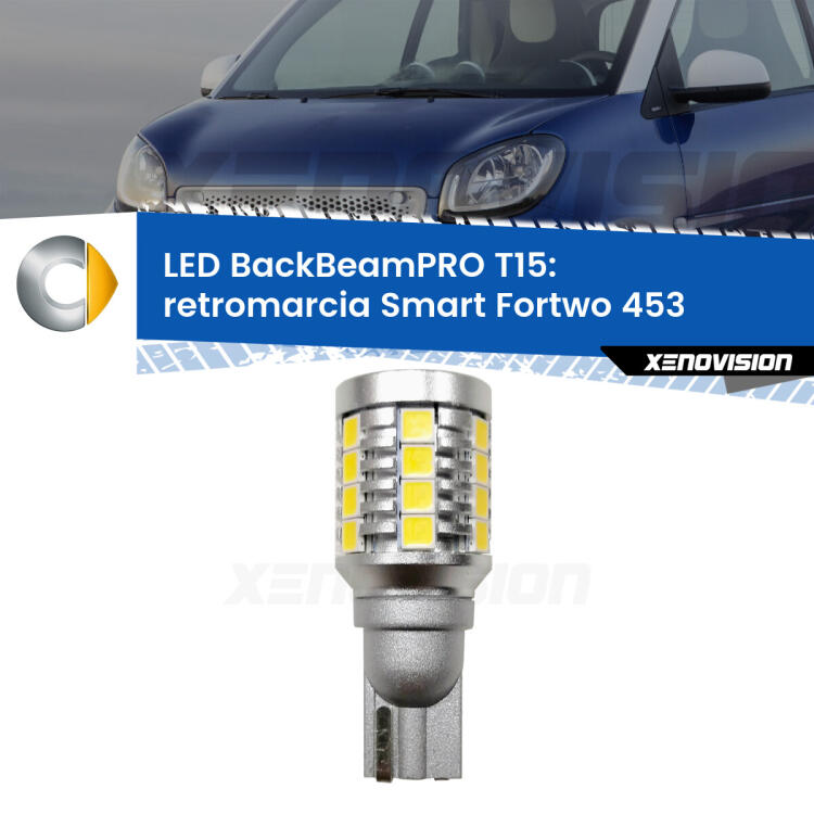 <strong>Luce retromarcia LED per Smart Fortwo</strong> 453 2014 in poi. Una lampadina <b>T15</b> esageratamente spinta: 15W di potenza, 20 volte più luce delle originali.
