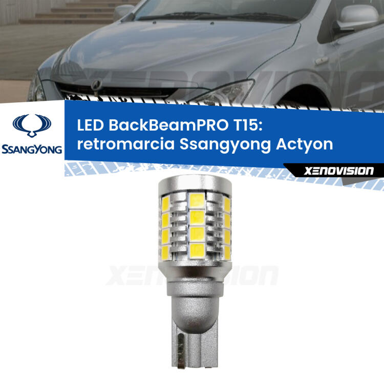 <strong>Luce retromarcia LED per Ssangyong Actyon</strong>  2006 - 2017. Una lampadina <b>T15</b> esageratamente spinta: 15W di potenza, 20 volte più luce delle originali.