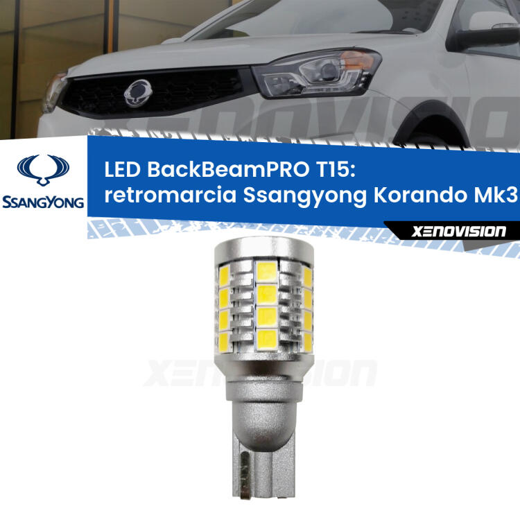 <strong>Luce retromarcia LED per Ssangyong Korando</strong> Mk3 2013 - 2019. Una lampadina <b>T15</b> esageratamente spinta: 15W di potenza, 20 volte più luce delle originali.