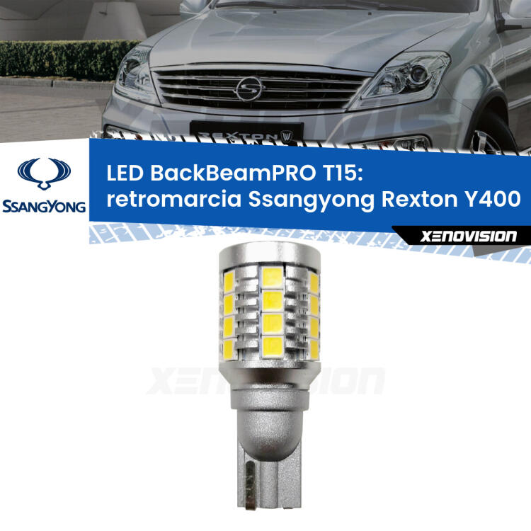 <strong>Luce retromarcia LED per Ssangyong Rexton</strong> Y400 2017 in poi. Una lampadina <b>T15</b> esageratamente spinta: 15W di potenza, 20 volte più luce delle originali.