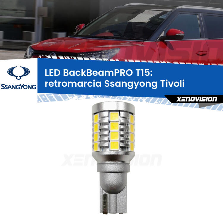 <strong>Luce retromarcia LED per Ssangyong Tivoli</strong>  2015 in poi. Una lampadina <b>T15</b> esageratamente spinta: 15W di potenza, 20 volte più luce delle originali.