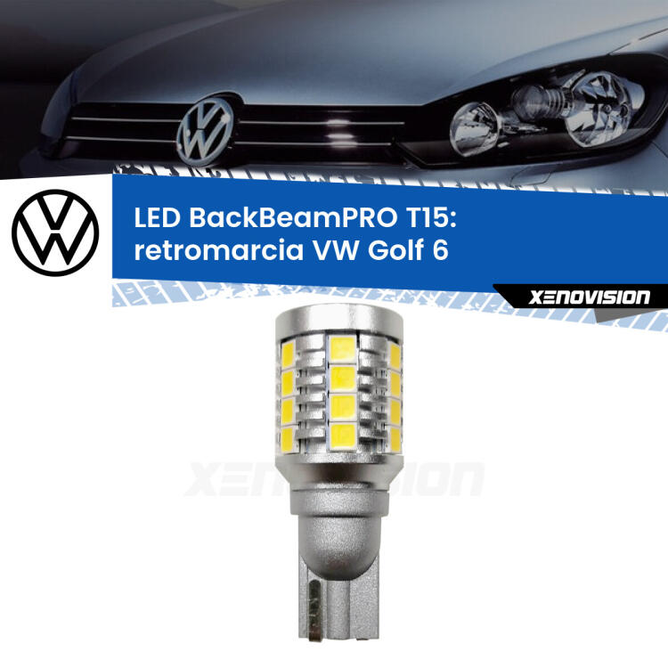 <strong>Luce retromarcia LED per VW Golf 6</strong>  restyling. Una lampadina <b>T15</b> esageratamente spinta: 15W di potenza, 20 volte più luce delle originali.