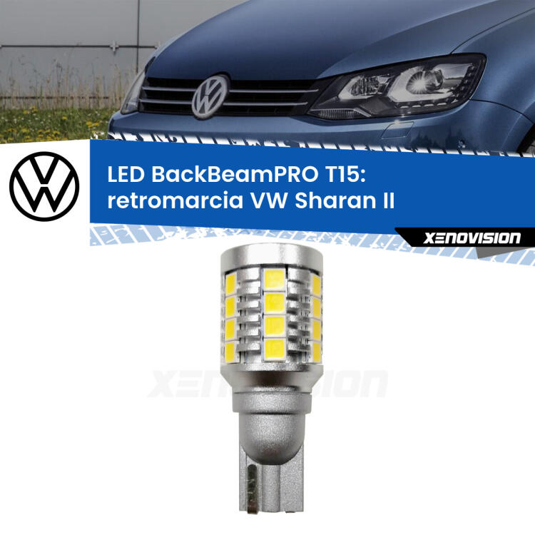<strong>Luce retromarcia LED per VW Sharan</strong> II 2010 - 2019. Una lampadina <b>T15</b> esageratamente spinta: 15W di potenza, 20 volte più luce delle originali.