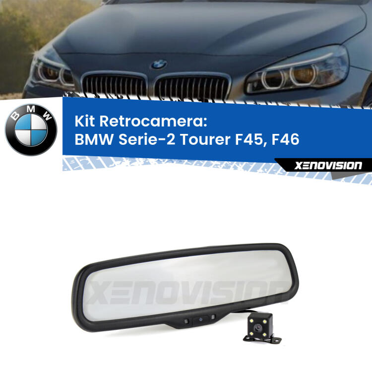 Kit Telecamera Parcheggio e Specchietto retrovisore con display invisibile per BMW Serie-2 Tourer F45, F46. Spento è identico all’originale. In retromarcia, l’immagine appare in un riquadro prima invisibile