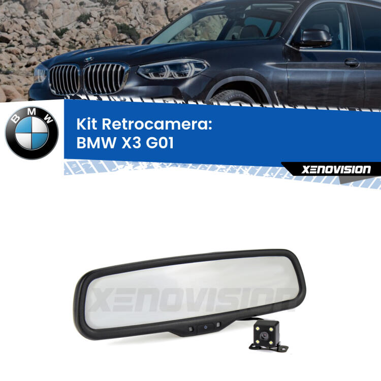 Kit Telecamera Parcheggio e Specchietto retrovisore con display invisibile per BMW X3 G01. Spento è identico all’originale. In retromarcia, l’immagine appare in un riquadro prima invisibile