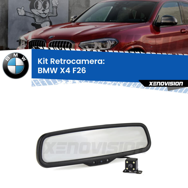 Kit Telecamera Parcheggio e Specchietto retrovisore con display invisibile per BMW X4 F26. Spento è identico all’originale. In retromarcia, l’immagine appare in un riquadro prima invisibile