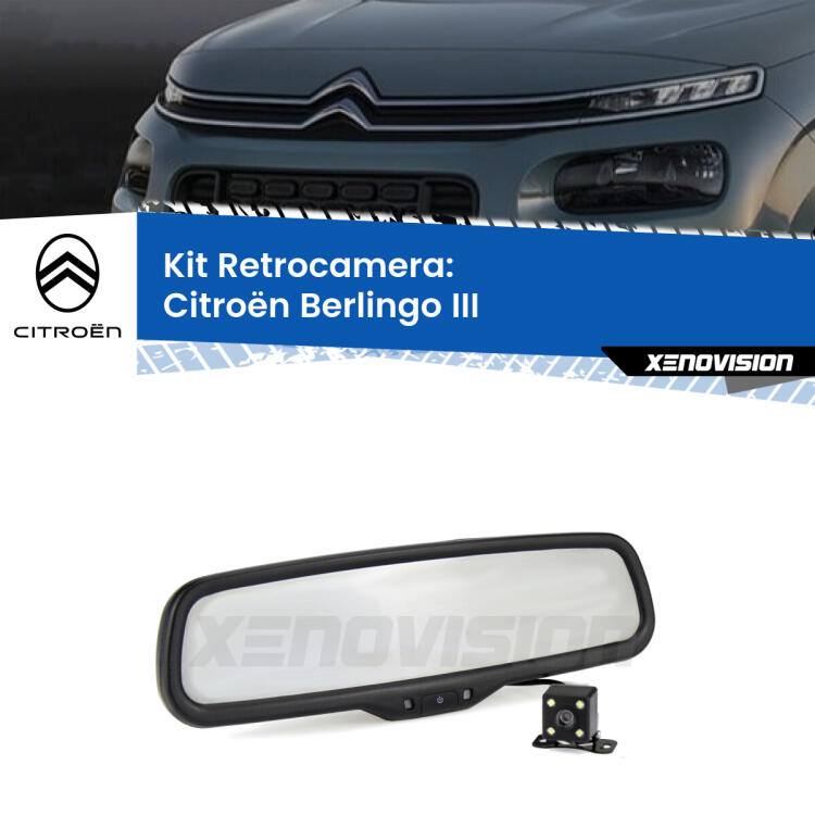 Kit Telecamera Parcheggio e Specchietto retrovisore con display invisibile per Citroën Berlingo III. Spento è identico all’originale. In retromarcia, l’immagine appare in un riquadro prima invisibile