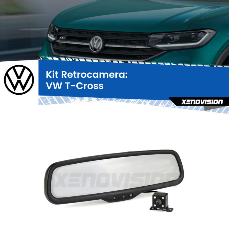 Kit Telecamera Parcheggio e Specchietto retrovisore con display invisibile per VW T-Cross . Spento è identico all’originale. In retromarcia, l’immagine appare in un riquadro prima invisibile