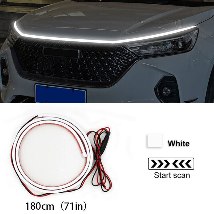 <b>Striscia LED universale e dinamica per cofano motore</b> facilissima da installare. Funziona come luce diurna ed offre un'elegante e spettacolare animazione dinamica effetto scanner all'accensione.